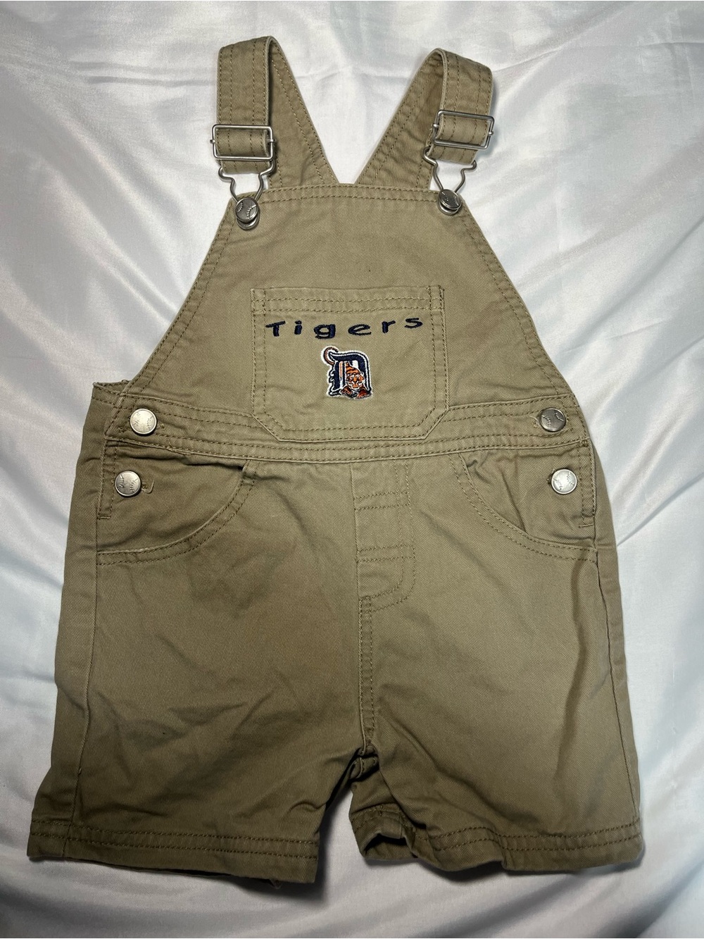 Detroit Tigers Infant Khaki Shortalls Overalls 24M‎ MLB Pull On Embroidered